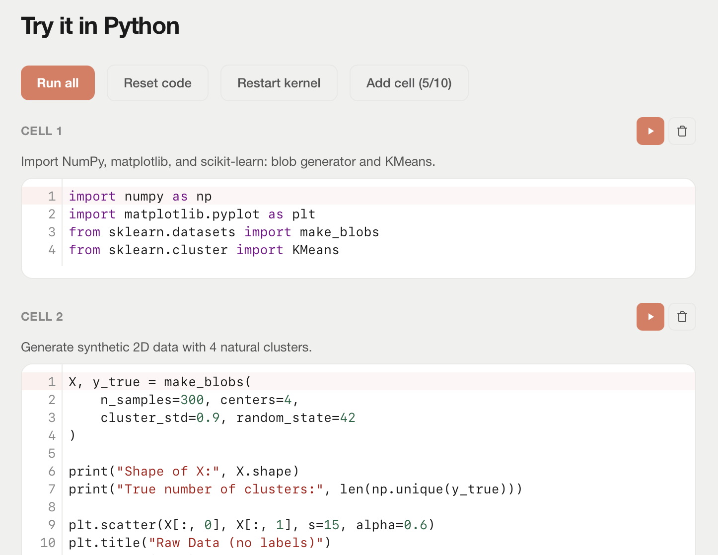 Labs: browser notebook with Run all, Python cells, and scikit-learn imports